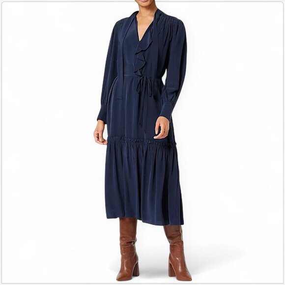 Joie Roussel Navy Blue Midi Silk Flowy Tie Belt Ruffle Trim Dress NWT New XS - Picture 1 of 7